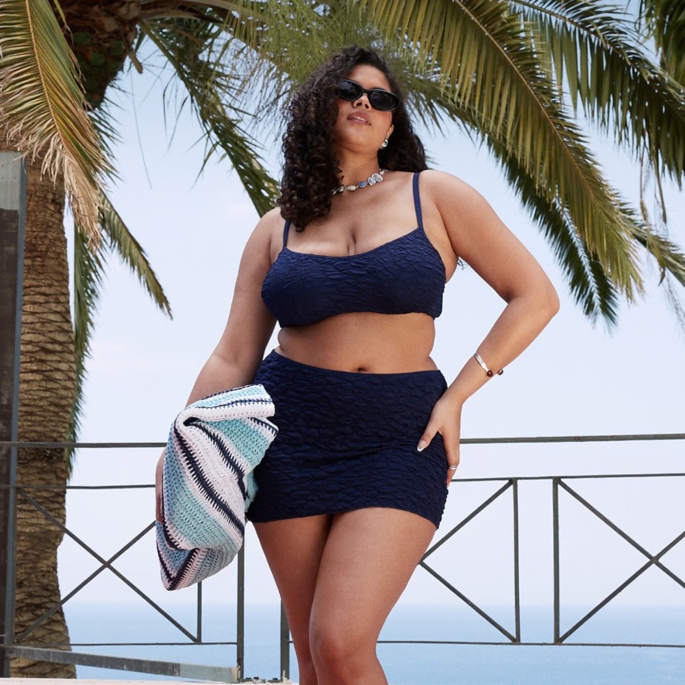 Navy Blue Textured Bikini 3 Pc Bikini